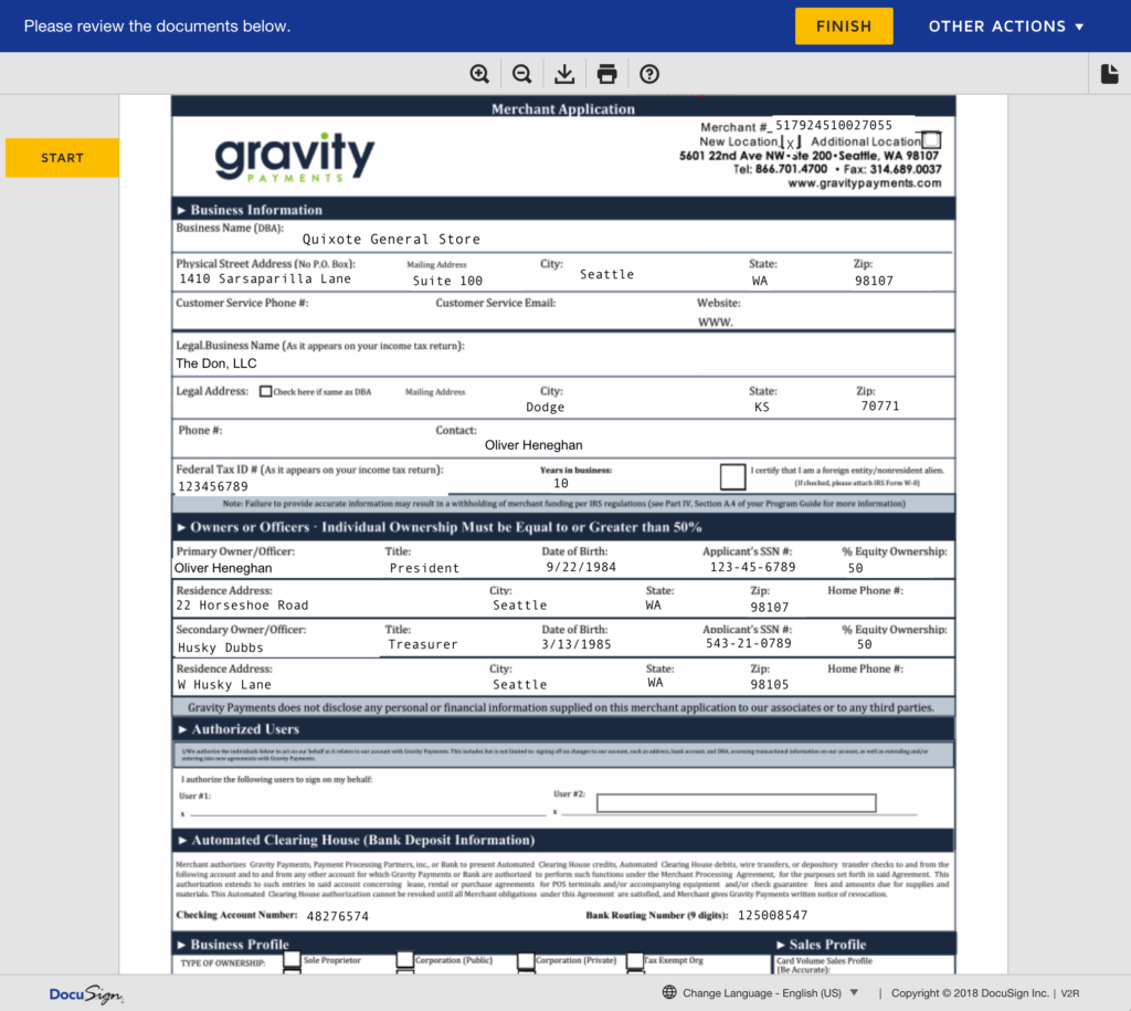 A sample Merchant Services Account Agreement ready to be signed in DocuSign