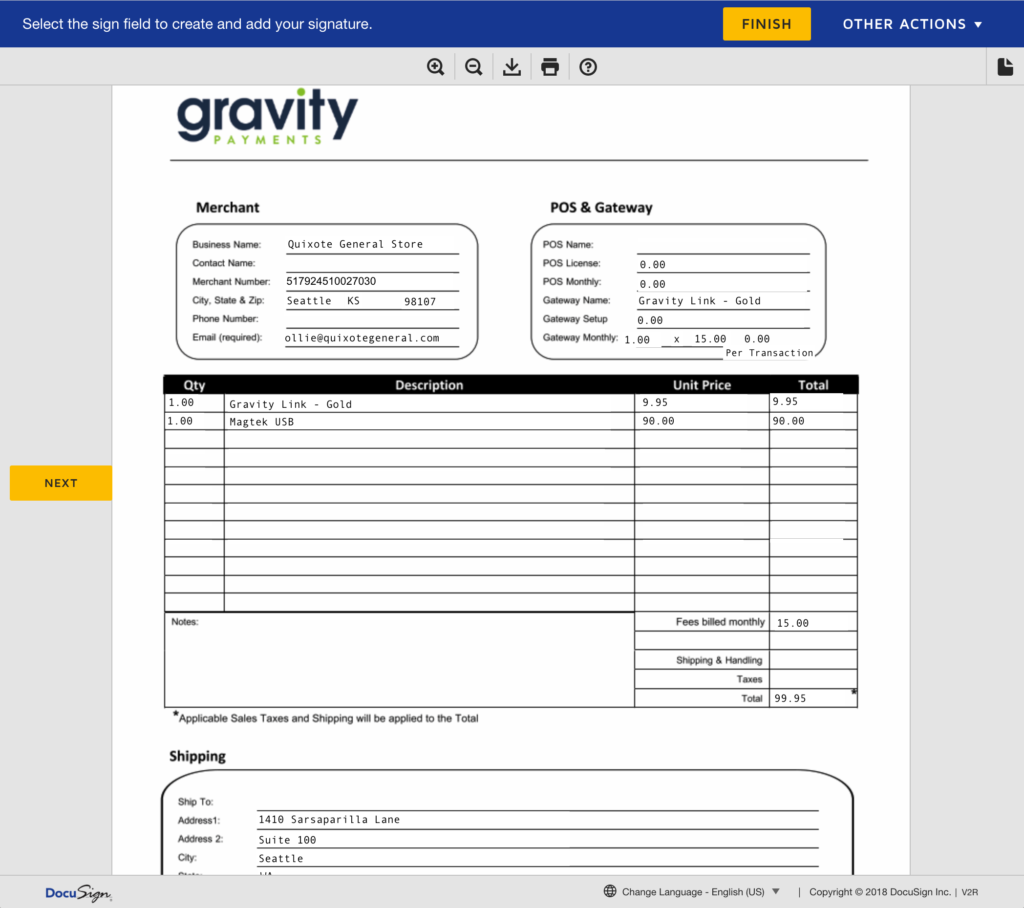 Sample order form in the DocuSign interface, listing a gateway and a swiper product