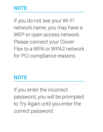 Wi-Fi notes about network name and entering incorrect password